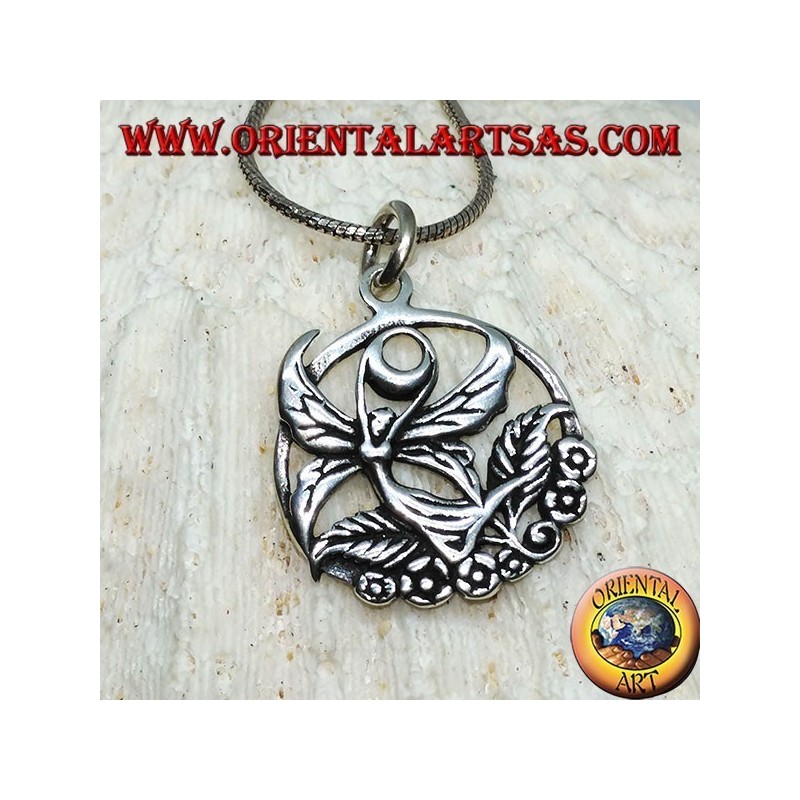 Silver pendant, flying fairy on the flower in the circle