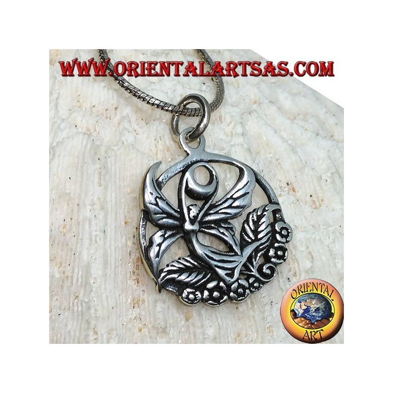 Pendentif en argent, fée volante sur la fleur dans le cercle