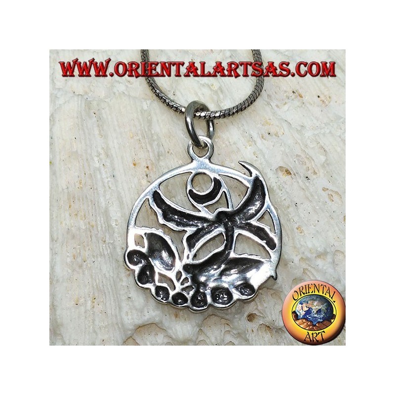 Silver pendant, flying fairy on the flower in the circle