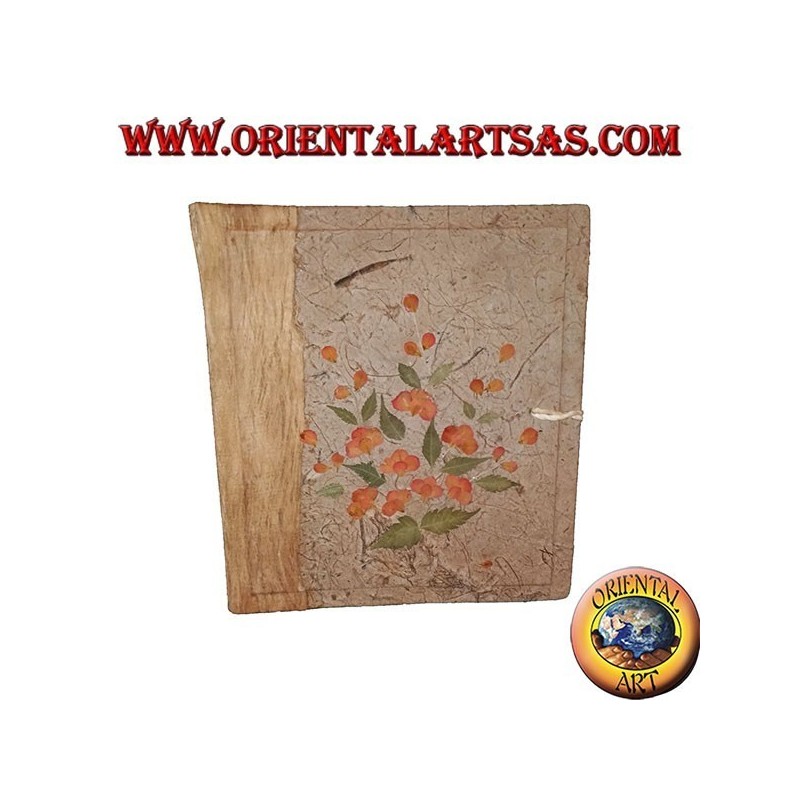Photo album in tree bark and embroidery of flower petals, 27 cm