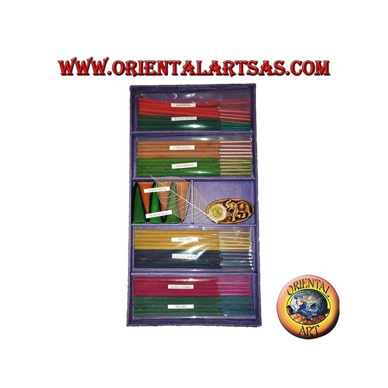 Set de 8 inciensos naturales (5 piezas) + 6 conos de incienso + esencias ardientes (púrpura)
