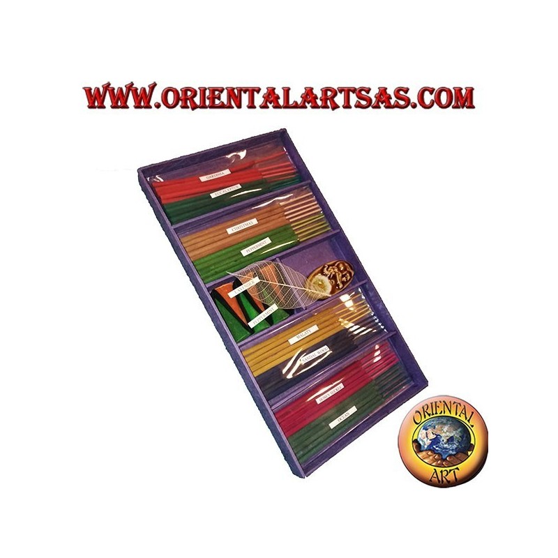 Set di 8 incensi naturali (5 pz) + 6 incensi a cono + brucia essenze (viola)