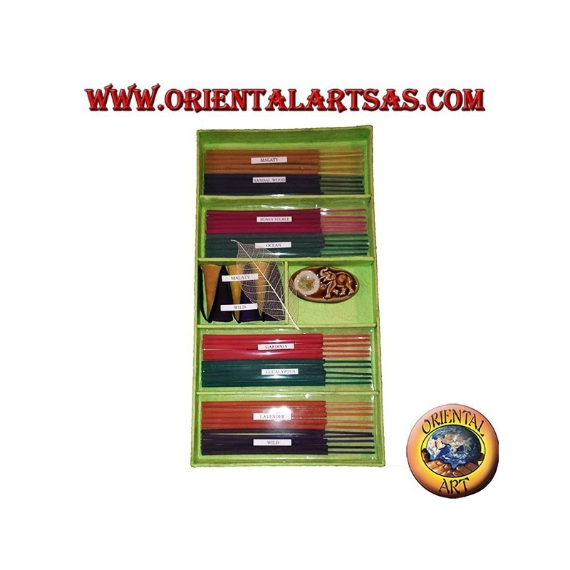 Ensemble de 8 encens naturels (5 pcs) + 6 cônes d'encens + essences de combustion (vert)