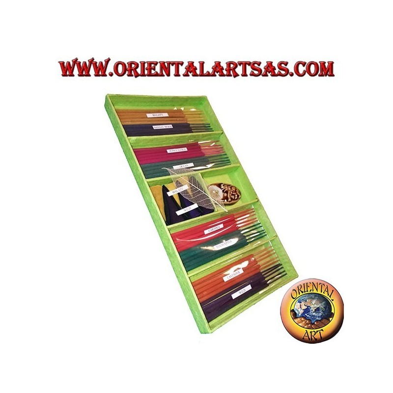 Set di 8 incensi naturali (5 pz) + 6 incensi a cono + brucia essenze (verde)