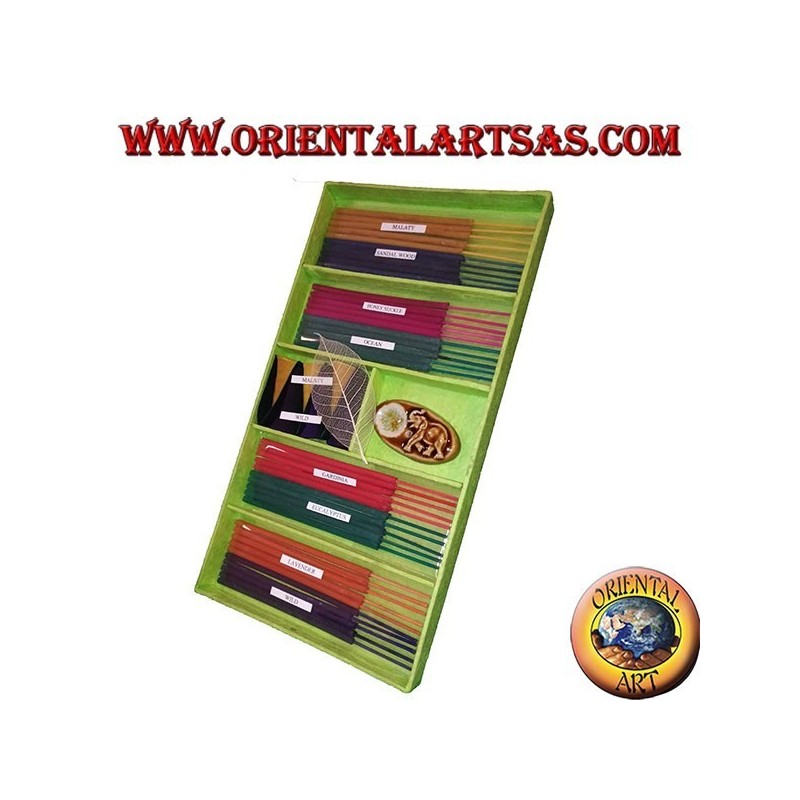 Set di 8 incensi naturali (5 pz) + 6 incensi a cono + brucia essenze (verde)