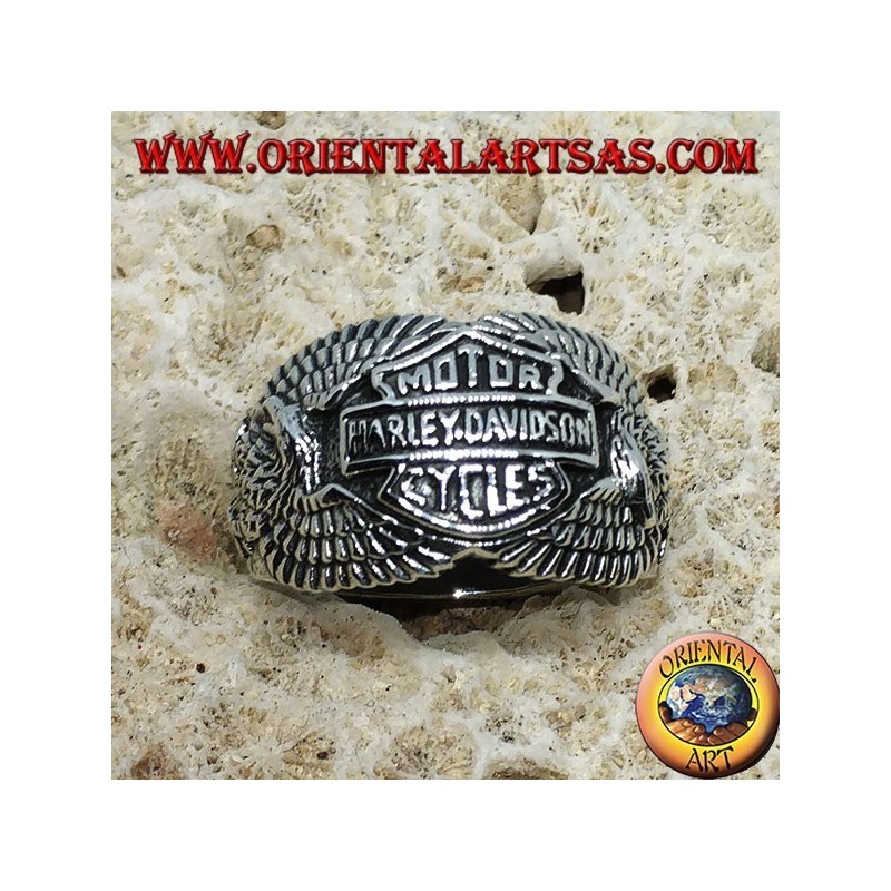Silver ring with the Harley Davidson logo among the eagles