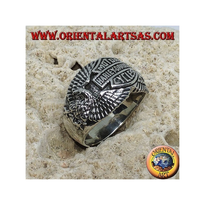 Silver ring with the Harley Davidson logo among the eagles