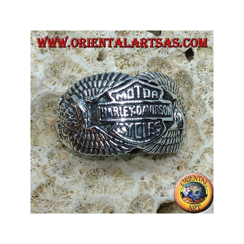 Silver ring with the Harley Davidson logo among the eagles