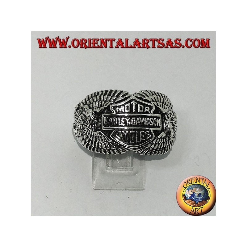Bague en argent avec le logo Harley Davidson parmi les aigles