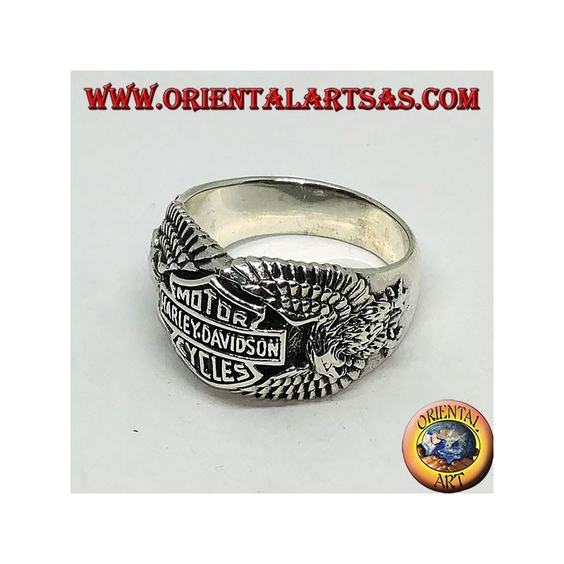Silver ring with the Harley Davidson logo among the eagles