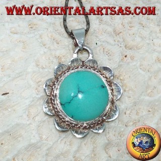 Colgante en flor de loto de plata con centro en turquesa natural redondo tibetano