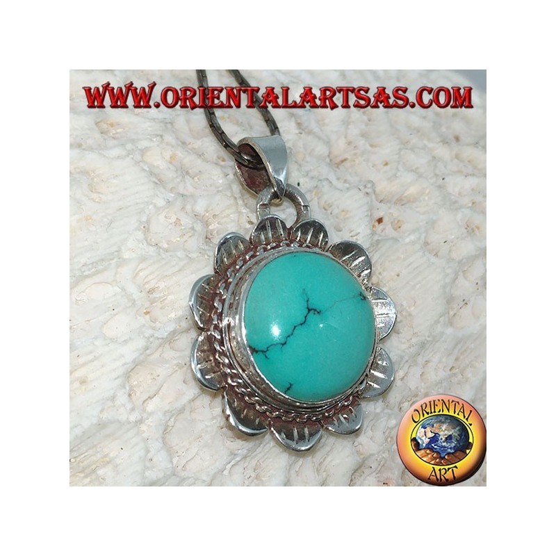 Pendant in silver lotus flower with central in natural Tibetan round Turquoise