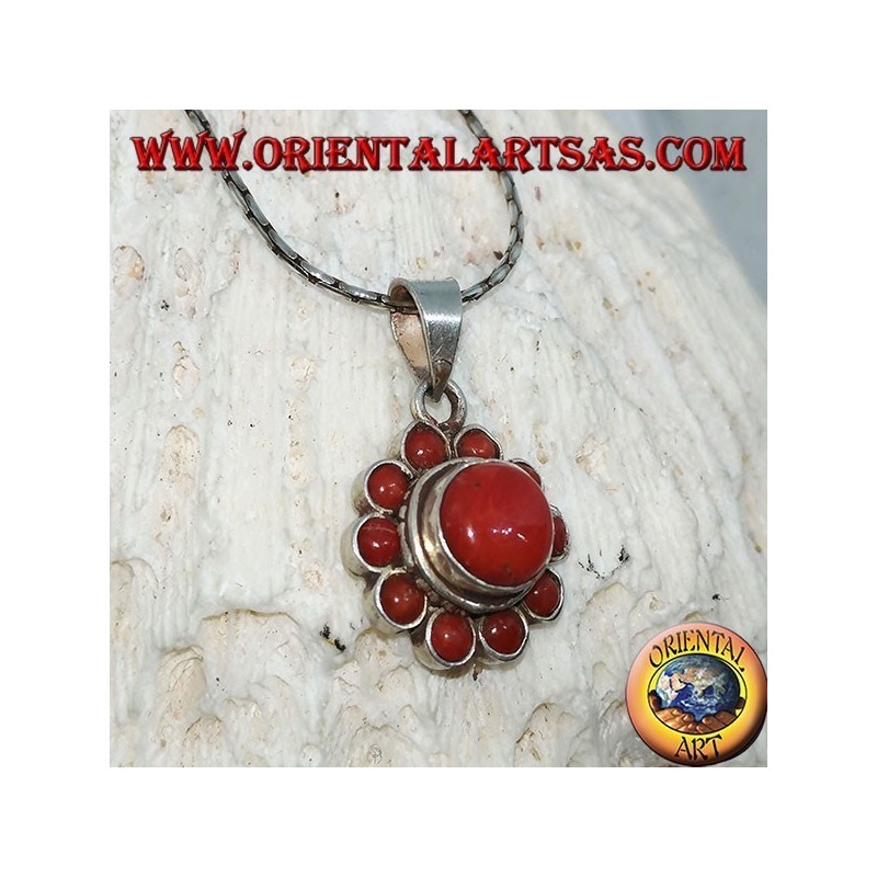 Silver pendant in the shape of a flower of natural corals
