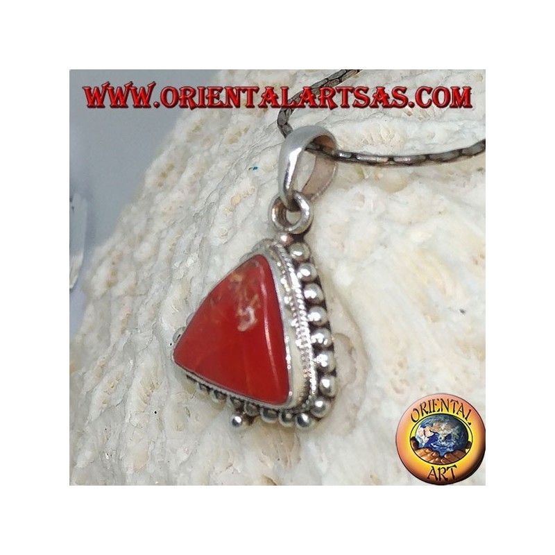 Silver pendant with Tibetan triangular coral, surrounded by dots