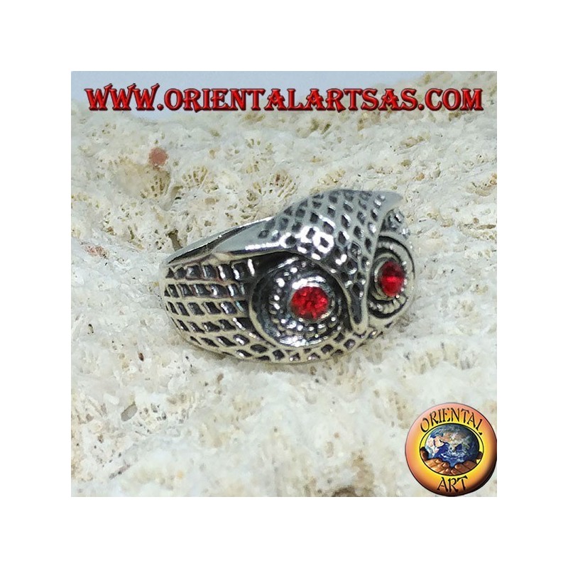 Bague en argent tête de hibou aux yeux rouges