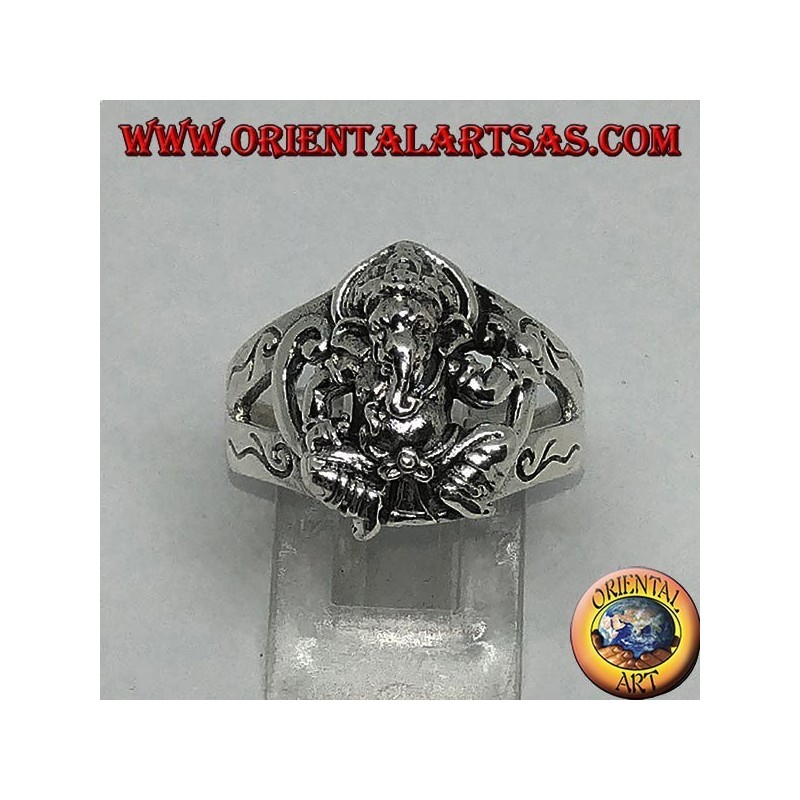 Silver ring with seated Ganesh with six side ring decorations