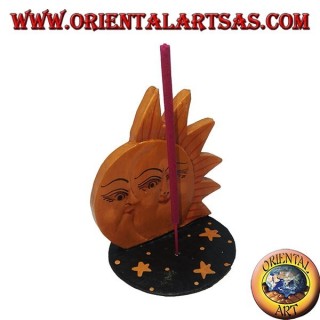 Incienso ardiente sol y luna en madera de pino pintada a mano.