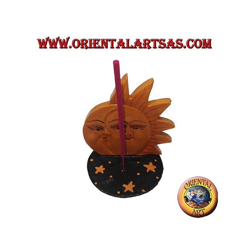 Burning sun and moon incense in hand painted pine wood