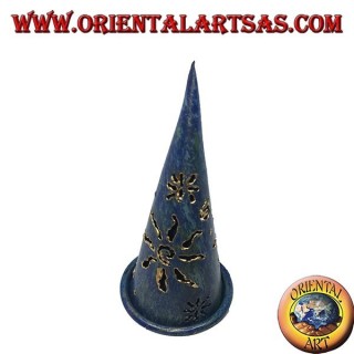 Burn incense cone, blue perforated wrought iron candle holder, 13 cm