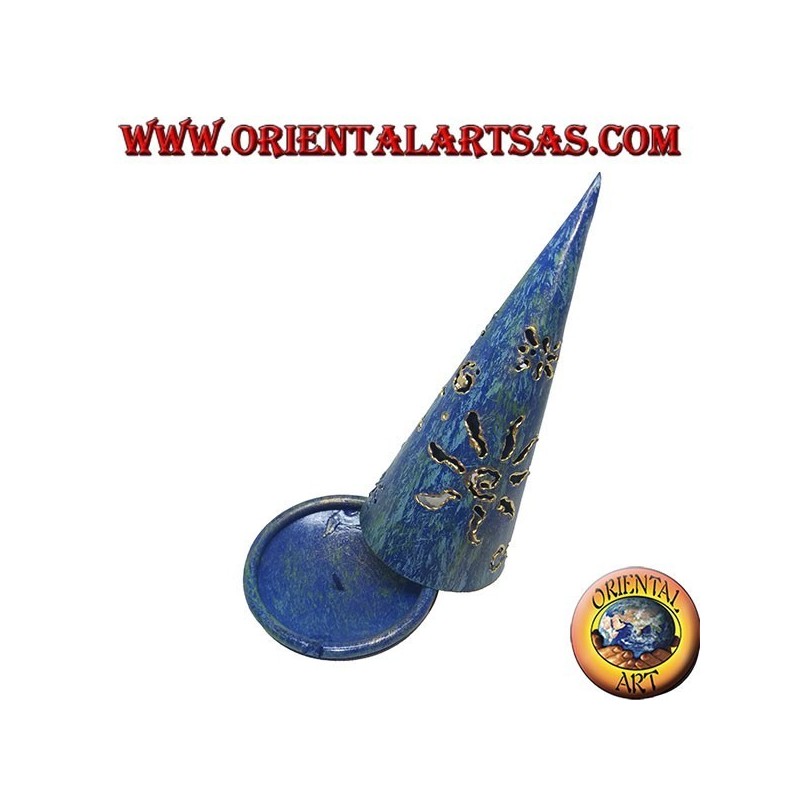 Cono de incienso quemado, candelabro de hierro forjado azul perforado, 13 cm