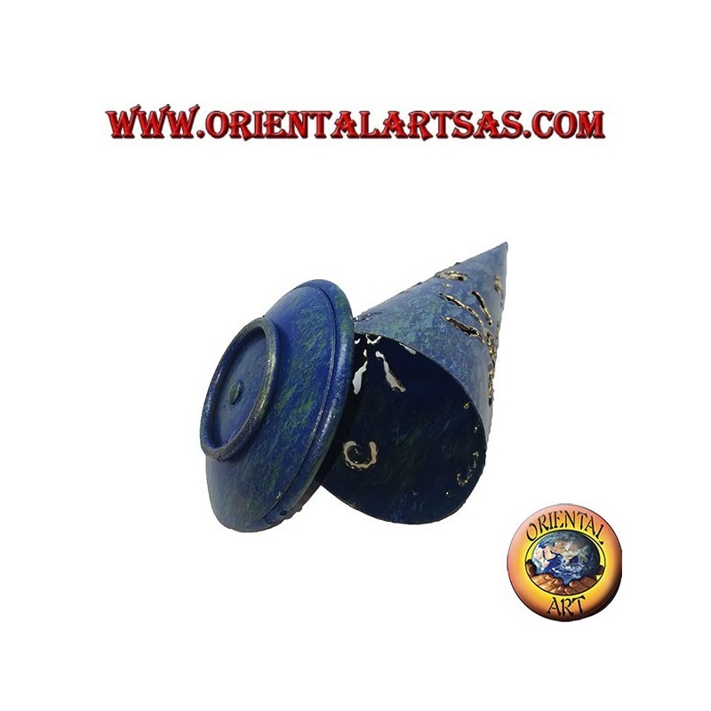 Brucia incenso cono, portacandele in ferro battuto traforato blu, 13 cm