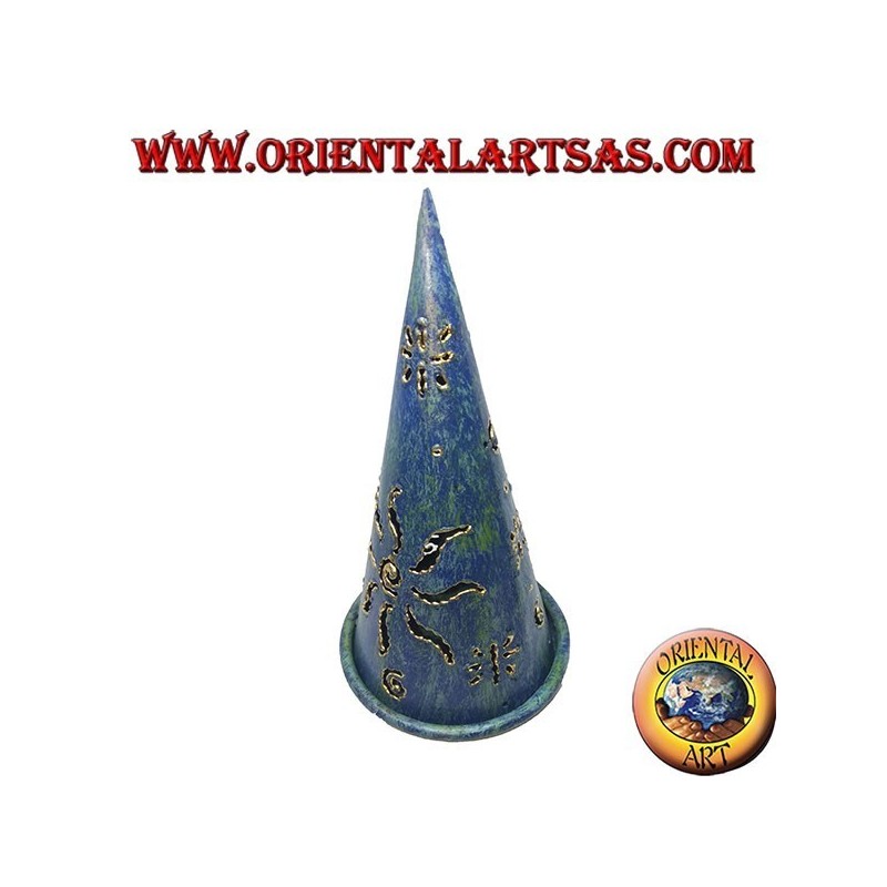 Burn incense cone, blue perforated wrought iron candle holder, 16 cm