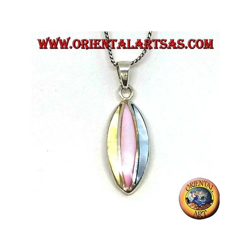 Oval silver pendant with three tri-colored mother-of-pearl stones