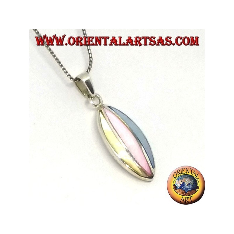 Oval silver pendant with three tri-colored mother-of-pearl stones