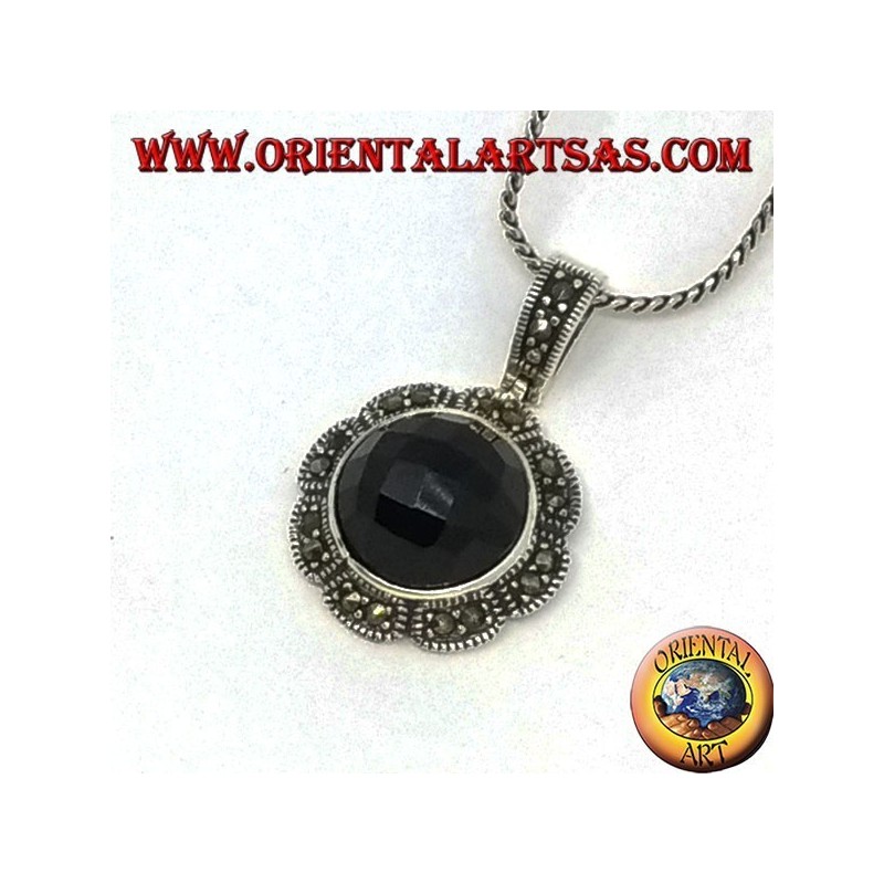 Silver pendant with faceted round onyx and marcasite on the flower border
