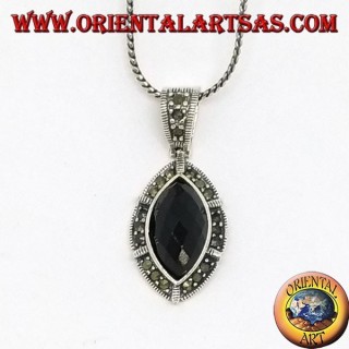 Silver pendant with faceted oval pointed onyx and marcasite on the edge
