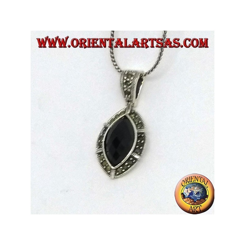 Silver pendant with faceted oval pointed onyx and marcasite on the edge