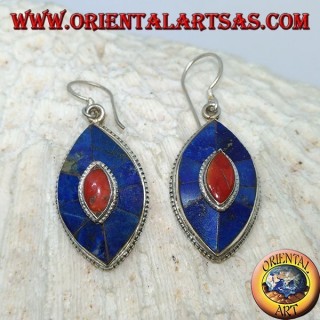 Orecchini  in argento ovali con Lapis e corallo, tipico modello Nepalese