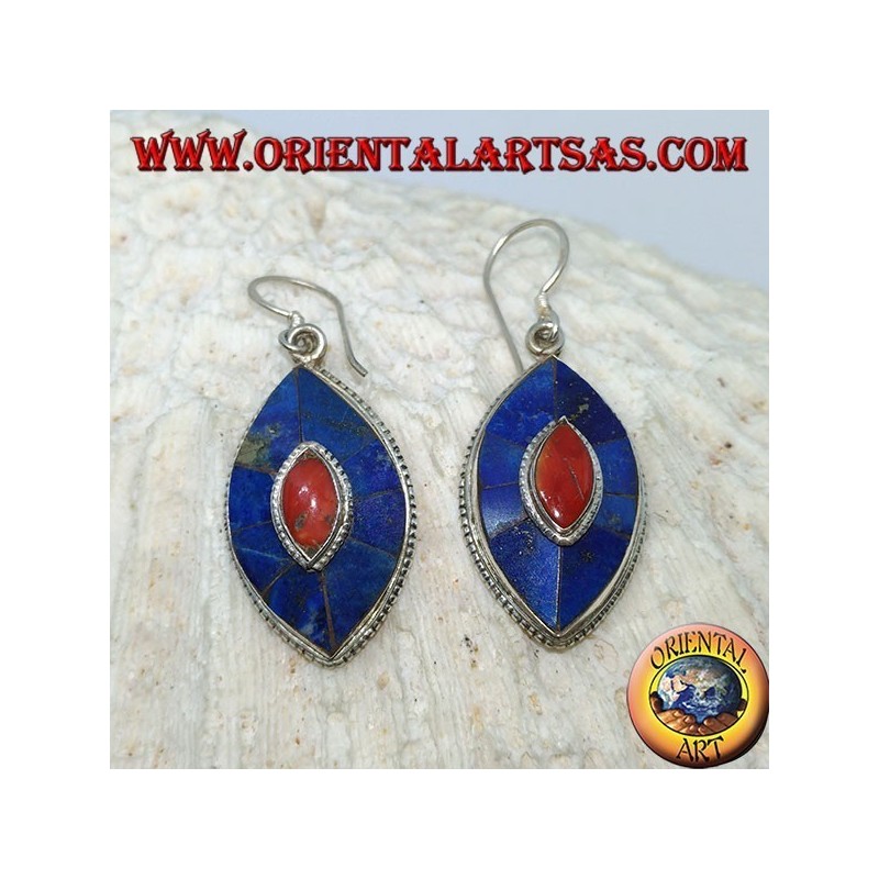 Pendientes ovalados de plata con lapis y coral, modelo típico nepalí