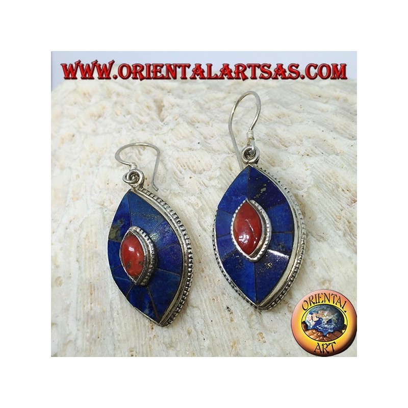 Pendientes ovalados de plata con lapis y coral, modelo típico nepalí