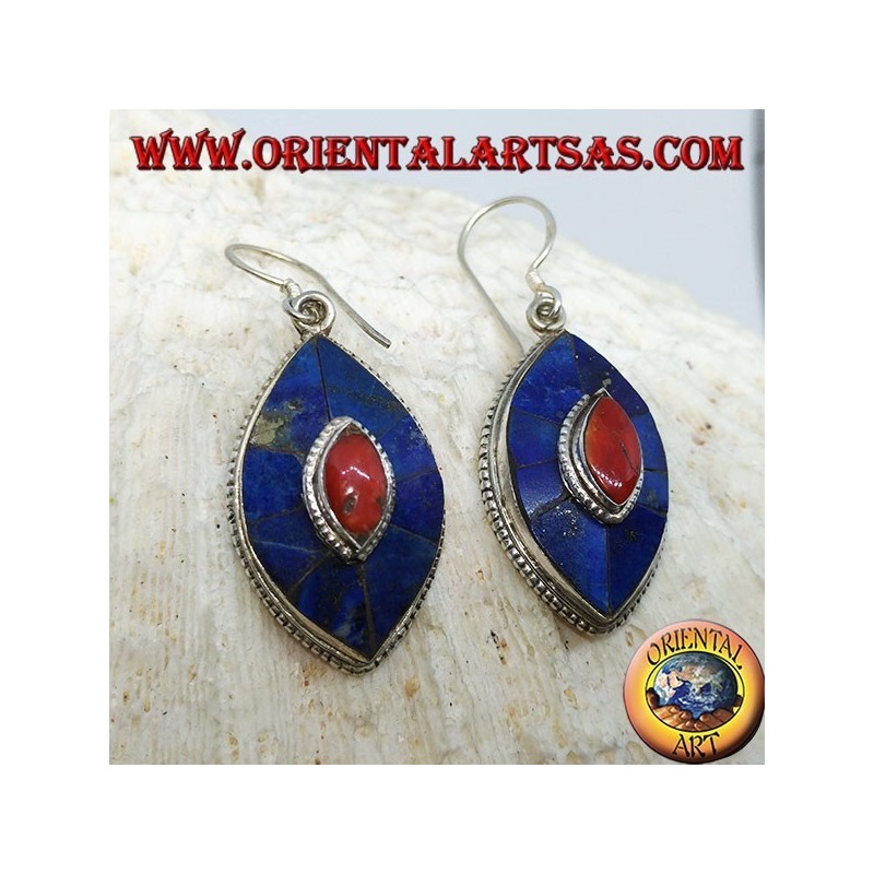 Oval silver earrings with Lapis and coral, typical Nepalese model