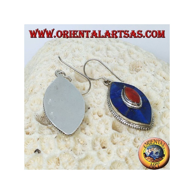 Boucles d'oreilles ovales en argent avec lapis et corail, modèle népalais typique