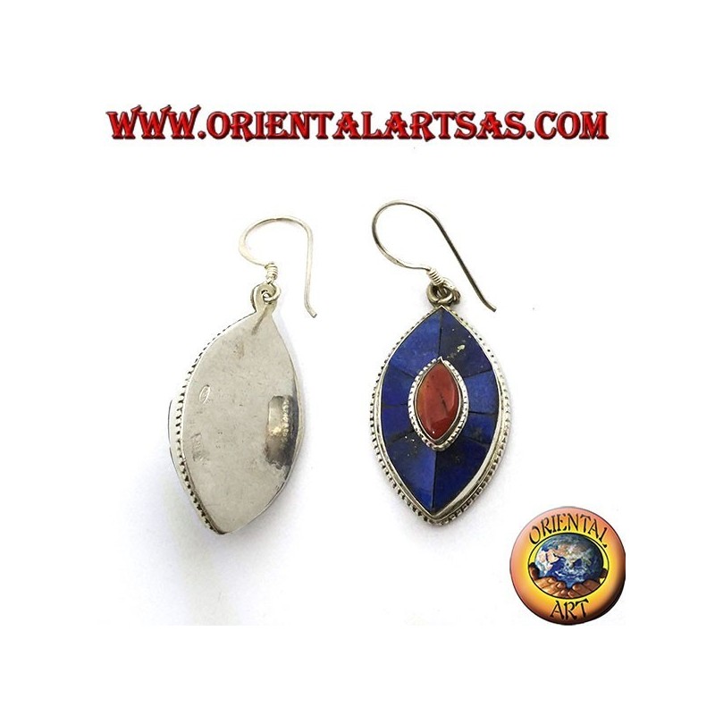 Boucles d'oreilles ovales en argent avec lapis et corail, modèle népalais typique