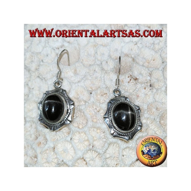 Boucles d'oreilles en argent avec étoile noire ovale Diopside étoilé, fait main