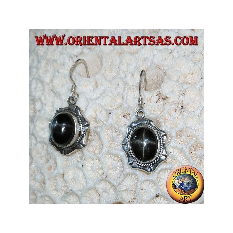 Silver earrings with oval black star Diopside starry, handmade