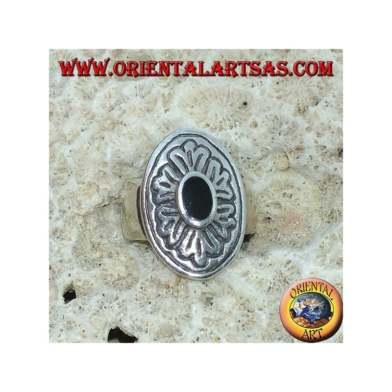 Anello in argento 925 con onice ovale e bordo largo intarsiato