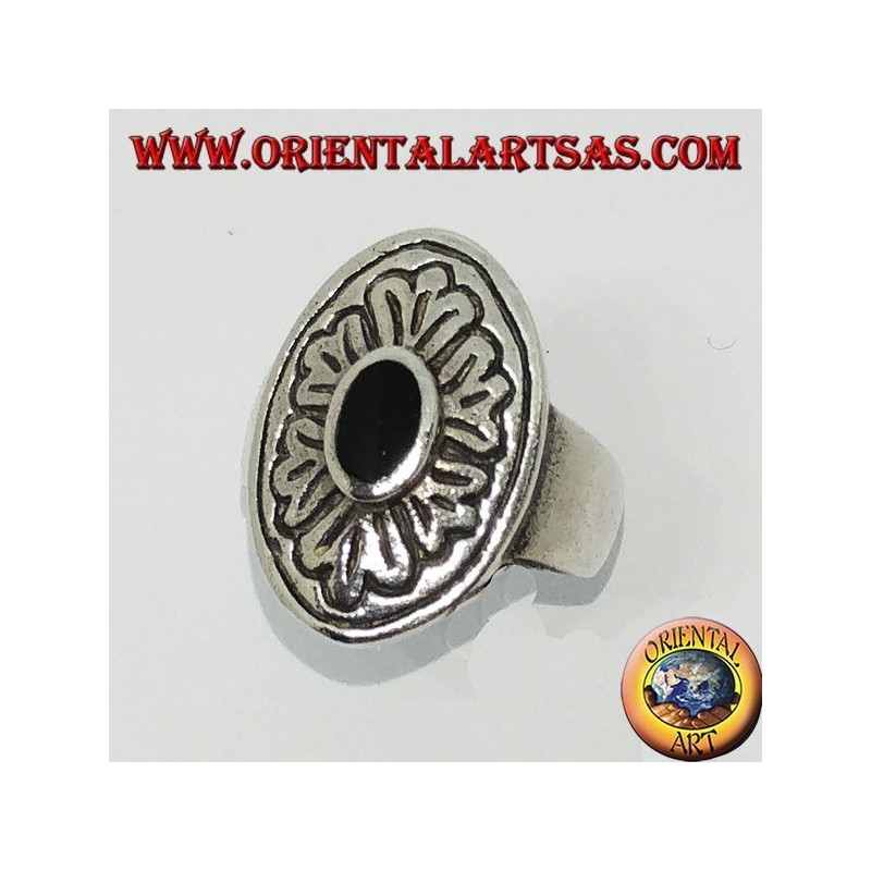 Silver ring with oval onyx and wide inlaid border