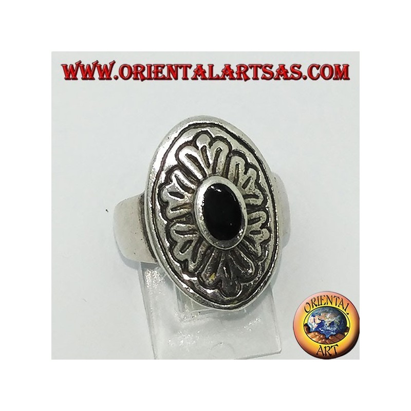 Silberring mit ovalem Onyx und breiter Einlage