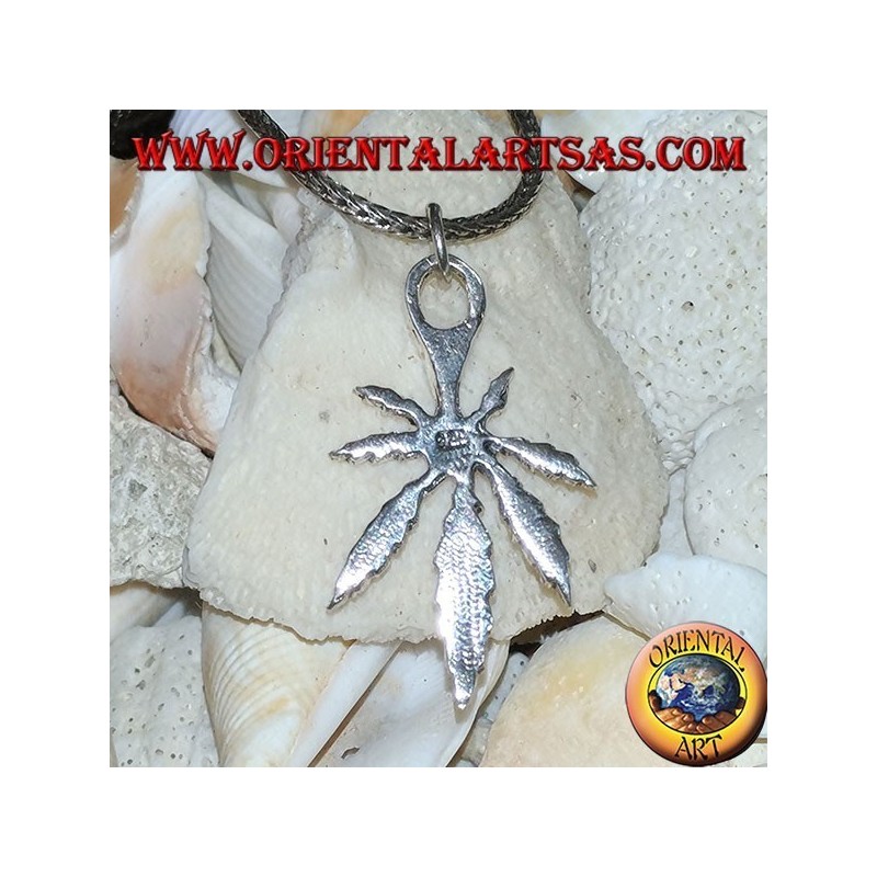 Silver pendant of a marijuana leaf