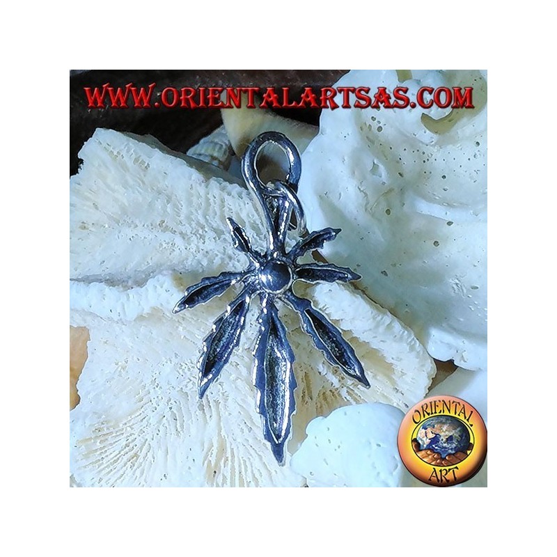 Silver pendant of a marijuana leaf