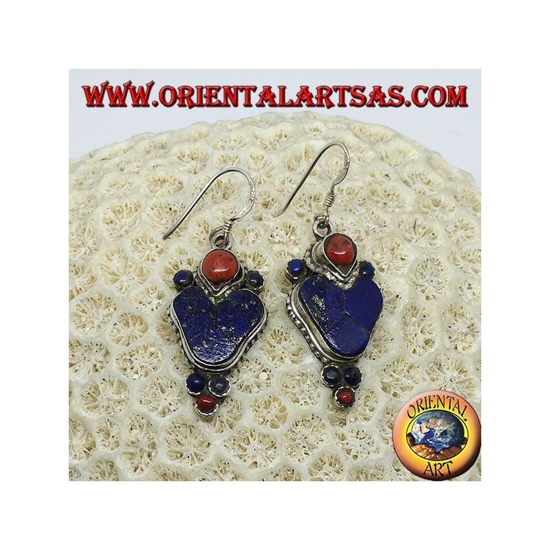 Silver earrings with lapis lazuli and coral (Typical Nepalese earring in heart)