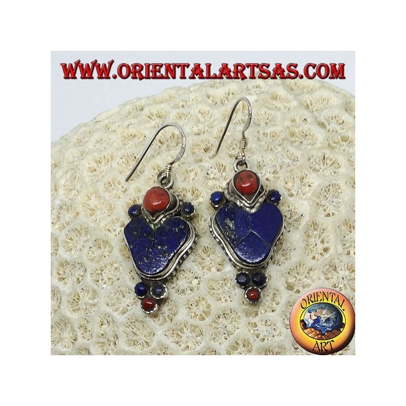 Pendientes de plata con lapislázuli y coral (Pendiente típico nepalí en el corazón)