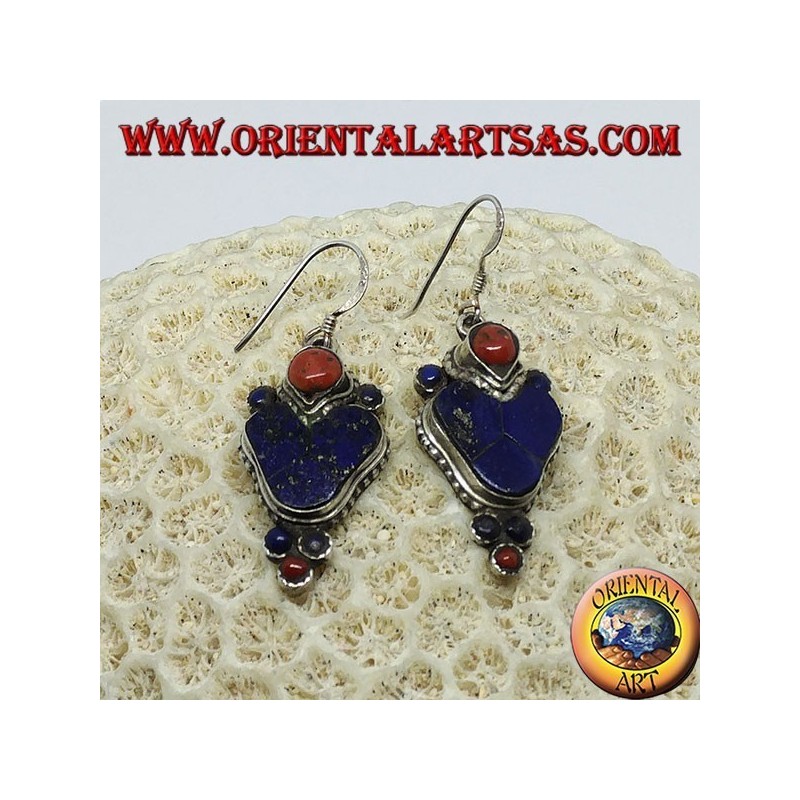 Pendientes de plata con lapislázuli y coral (Pendiente típico nepalí en el corazón)