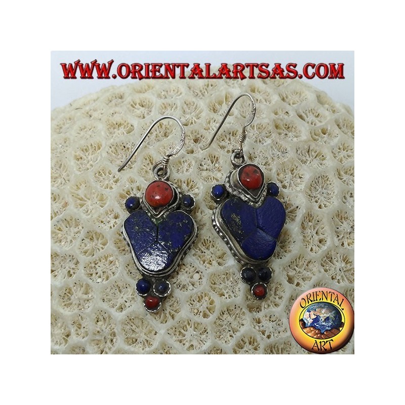 Pendientes de plata con lapislázuli y coral (Pendiente típico nepalí en el corazón)