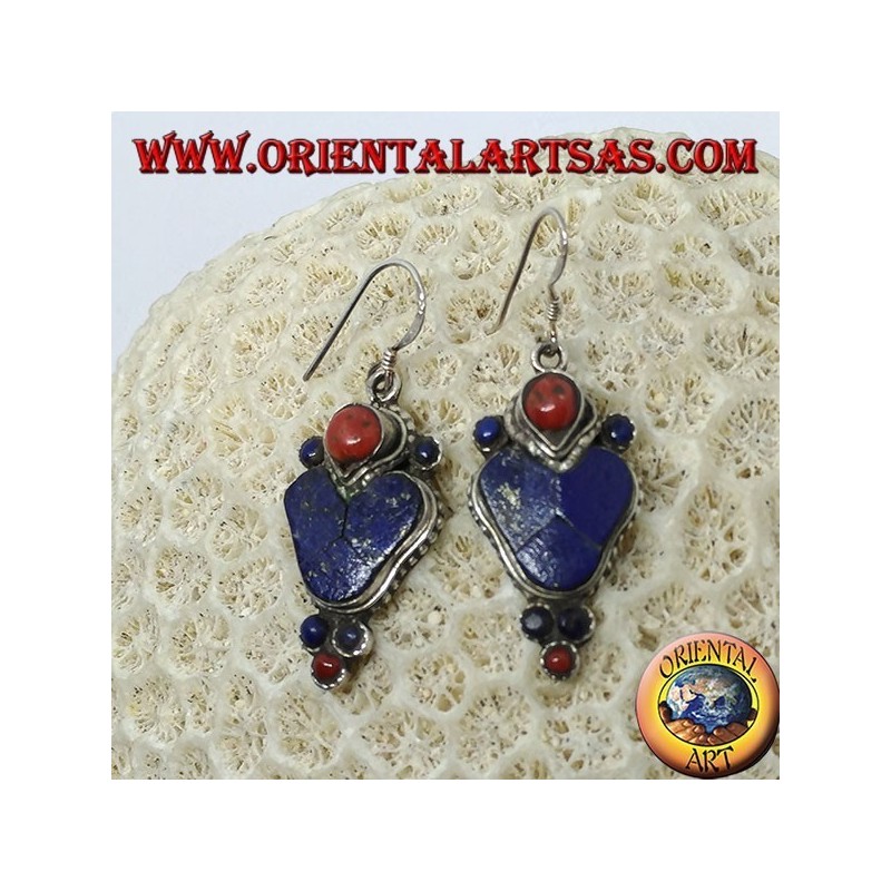 Silberohrringe mit Lapislazuli und Koralle (Typischer nepalesischer Ohrring im Herzen)