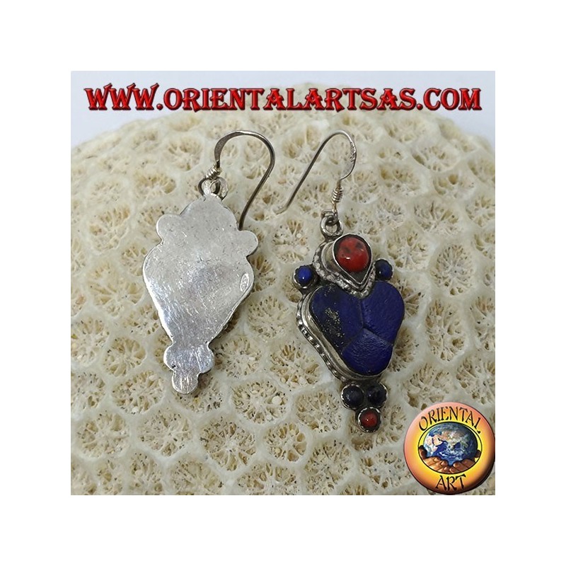 Boucles d'oreilles en argent avec lapis-lazuli et corail (Boucle d'oreille typique du Népal en cœur)